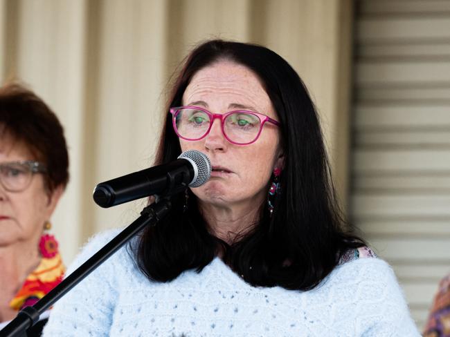 GIN GIN, AUSTRALIA - NewsWire Photos JUNE 8, 2025:  Vigil for Pheobe Bishop. Pheobe Bishop's mother Kylie Johnson speaking (light blue top) and sister Kaylea Bishop (in blue Indigenous art top)on right.  Picture: NewsWire / Paul Beutel