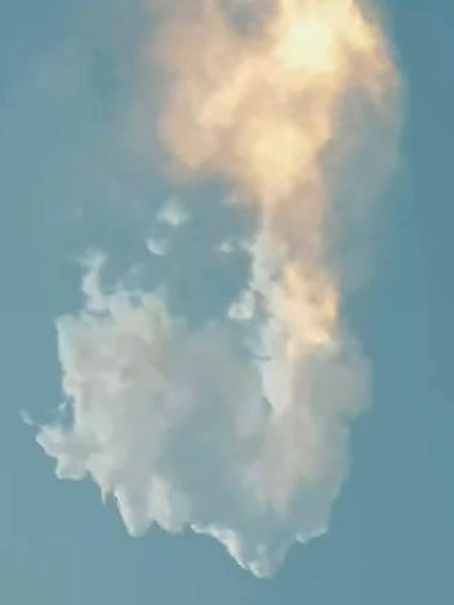 The SpaceX Starship exploding three minutes into the flight. Picture: SpaceX / AFP