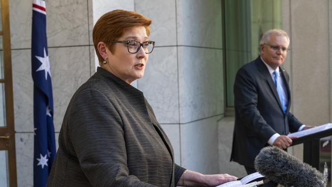 Prime Minister Scott Morrison and Minister for Foreign Affairs, Marise Payne hold a press conference at Parliament House, Canberra. Picture: NCA NewsWire / Martin Ollman