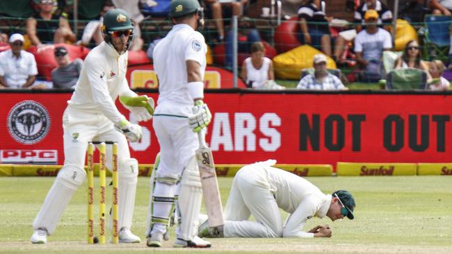 Steve Smith prevents a run on the second day. Picture: AP