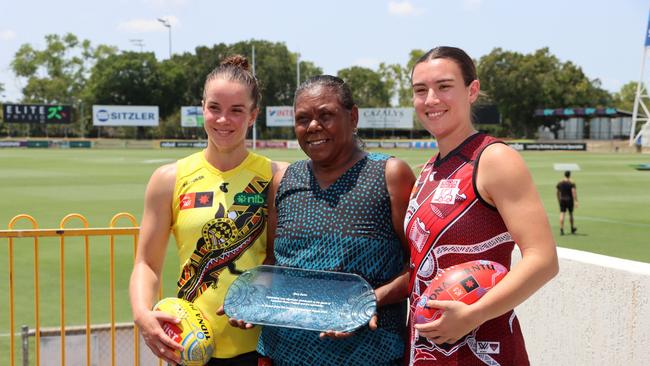 Essendon Co-Captain Bonnie Toogood, 2024 AFLW Indigenous Round Honouree Mary Dunn and Richmond Vice Captain Gabby Seymour ahead of the Dreamtime match in Darwin. Picture: Christian Thiel / AFLNT Media