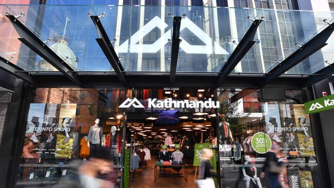 A generic view of the Kathmandu signage and store in Adelaide, Wednesday, September 18, 2019. The company lifted first-half profit 13.7 per cent to $NZ13.95 million ($A13.55 million) despite disappointing sales over the Christmas period. (AAP Image/David Mariuz) NO ARCHIVING