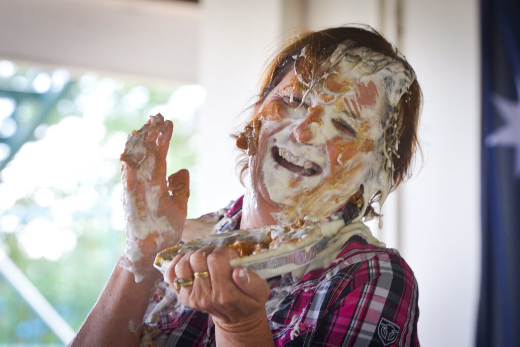 Principal Pauline PorchPIE IN THE FACE - Mt Larcom State School raises money for drought relief. Picture: Mike Richards GLA140918PIEF