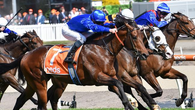 Anamoe ridden by James McDonald wins the Neds Might And Power at Caulfield Racecourse on October 08, 2022 in Caulfield, Australia. (Photo by Reg Ryan/Racing Photos via Getty Images)