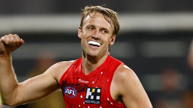 DARWIN, AUSTRALIA - MAY 27: Jack Lukosius of the Suns celebrates a goal during the 2023 AFL Round 11 match between the Gold Coast Suns and the Western Bulldogs at TIO Stadium on May 27, 2023 in Darwin, Australia. (Photo by Michael Willson/AFL Photos via Getty Images)