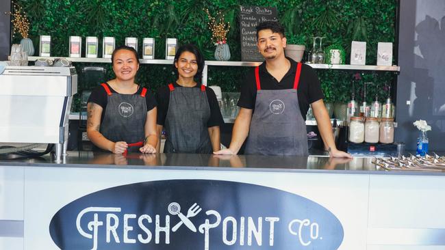 Michelle Bongso with staff Bhawana Pokhrel and Sajan Shrestha said the first round of the MyPalmerston voucher scheme had brought new faces into her Bellamack cafe. Picture GLENN CAMPBELL