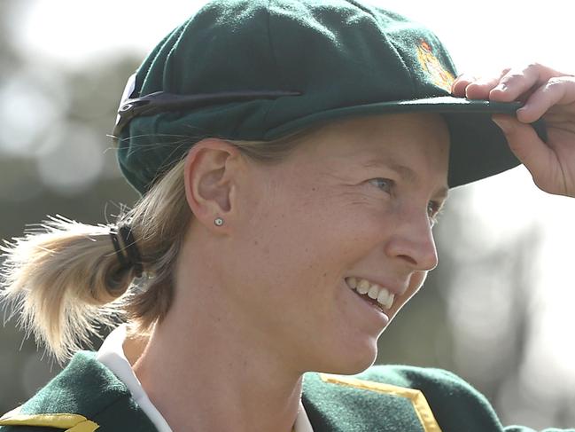 CANBERRA, AUSTRALIA - JANUARY 27: Australian captain Meg Lanning watches on as she waits for the coin toss before play on day one of the Women's Test match in the Ashes series between Australia and England at Manuka Oval on January 27, 2022 in Canberra, Australia. (Photo by Mark Kolbe/Getty Images)