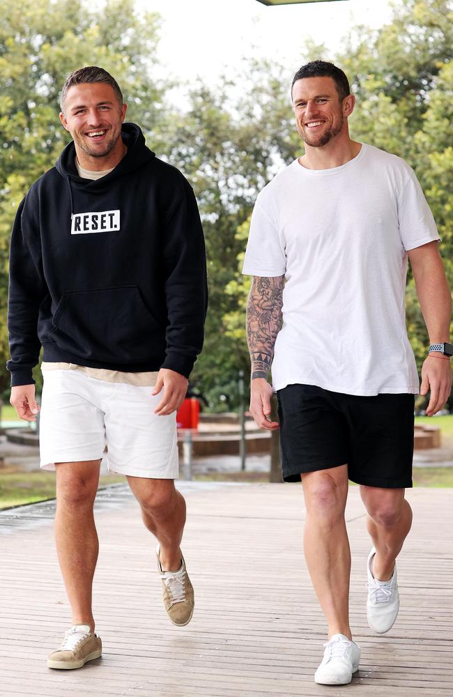 Sam and Luke Burgess wearing their clothing brand, 4B Label. Picture: Tim Hunter.