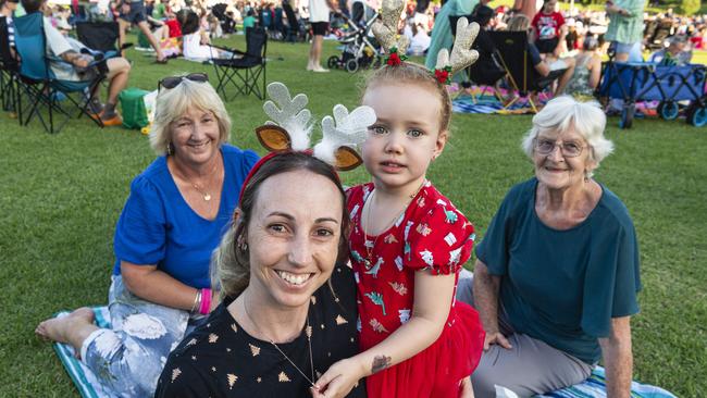 Tahni Muir and daughter Willow Muir with Jenelle Streeter (left) and Denise Bryant (right) at Triple M Mayoral Carols by Candlelight, Sunday, December 8, 2024. Picture: Kevin Farmer