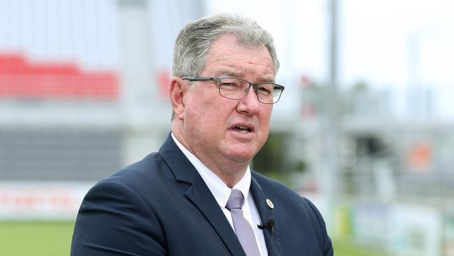 Moreton Bay Mayor Peter Flannery promoting the Brisbane Bronco Alex Glenn's testimonial game against North QLD Cowboys to be played at Dolphin Stadium, Redcliffe. Photographer: Liam Kidston.