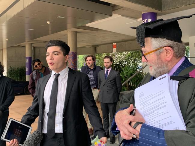 Student activist Drew Pavlou (L) pictured with his barrister Tony Morris QC outside of the University of Queensland on Wednesday, May 20, 2020. , , Picture: Michael McKenna