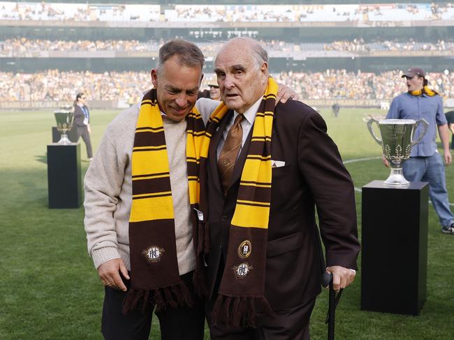 Alastair Clarkson talks with Ian Dicker pre match ceremony. Picture: Michael Klein