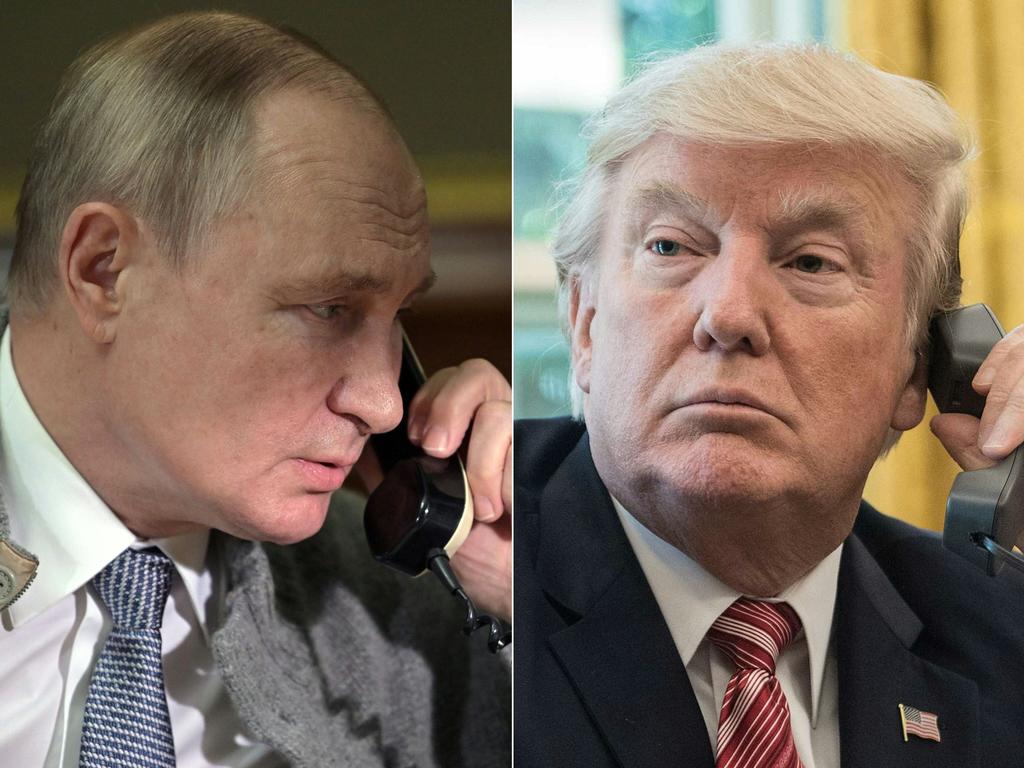 Russia's President Vladimir Putin in Strelna and US President Donald Trump in the Oval Office at the White House in Washington. Picture: Alexey Nikolsky and Nicholas Kamm