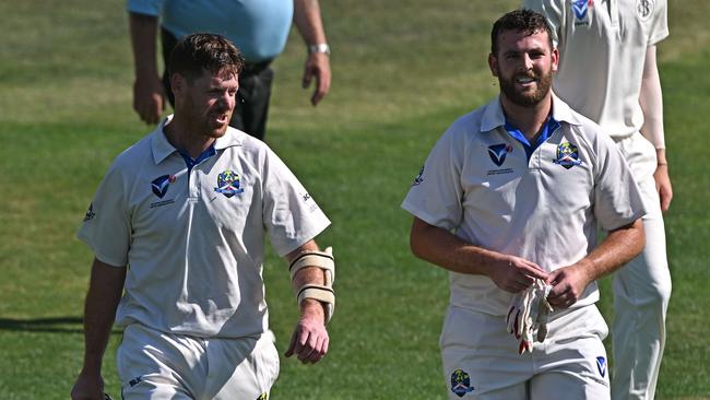 St BernadÃs Kyle Adams and Conor McGuire during the VSDCA St Bernard's v Brunswick cricket match in Essendon West, Saturday, Jan. 14, 2023.Picture: Andy Brownbill