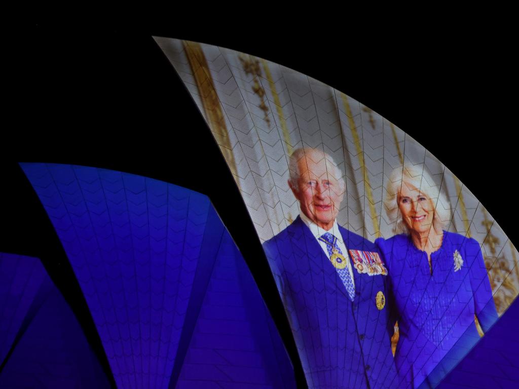 The Sydney Opera House shells are illuminated with a Royal projection to officially welcome King Charles III and Queen Camilla. Picture: Getty