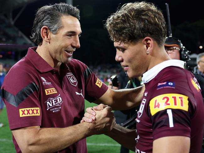 Maroons coach Billy Slater and Reece Walsh celebrate winning game one of the 2023 State of Origin series. (Photo by Cameron Spencer/Getty Images)