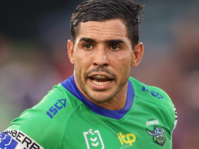 GOSFORD, AUSTRALIA - FEBRUARY 25: Jamal Fogarty of the Raiders looks on during the NRL Trial Match between the Manly Sea Eagles and the Canberra Raiders at Central Coast Stadium on February 25, 2022 in Gosford, Australia. (Photo by Ashley Feder/Getty Images)