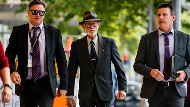 NCA bombing key witness Allan Chamberlain (centre) outside the Supreme Court with lawyers and support staff. Picture: NCA NewsWire / Morgan Sette