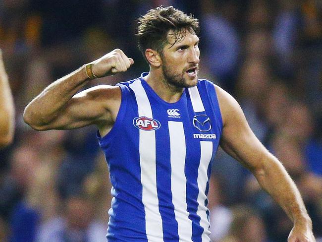 MELBOURNE, AUSTRALIA - APRIL 22:  Jarrad Waite of the Kangaroos celebrates a goal during the round five AFL match between the North Melbourne Kangaroos and the Hawthorn Hawks at Etihad Stadium on April 22, 2018 in Melbourne, Australia.  (Photo by Michael Dodge/Getty Images)