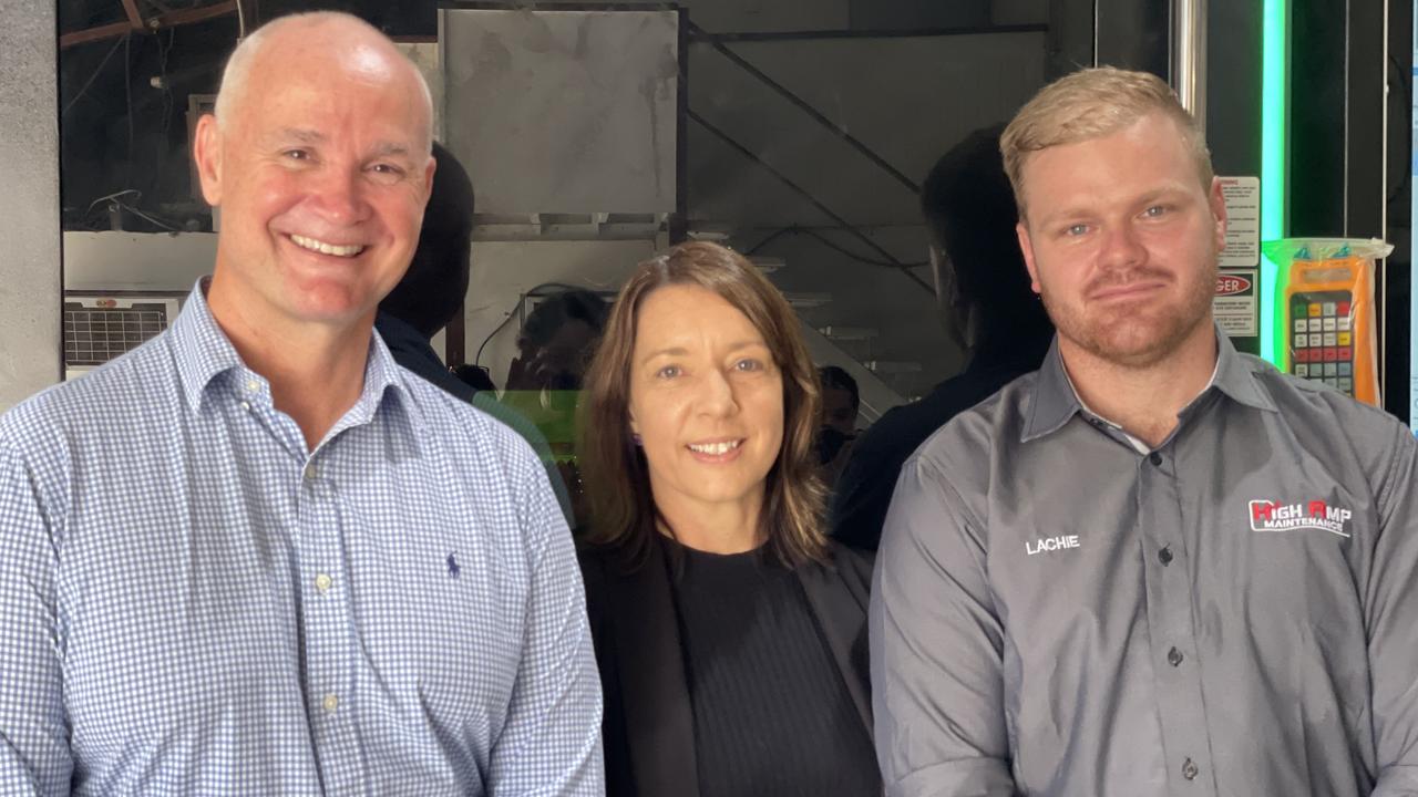 Manufacturing Minister Glenn Butcher and ALP candidate Belinda Hassan met with Lachlan Nielsen at High Amp Maintenance. Photo: Fergus Gregg