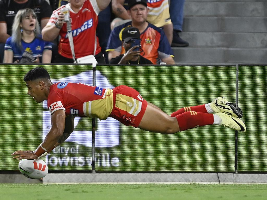 Jamayne Isaako can’t stop scoring tries for the Dolphins. (Photo by Ian Hitchcock/Getty Images)