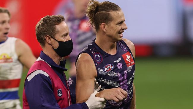 Fyfe’s shoulder is continuing to give him grief. Picture: Paul Kane/Getty Images