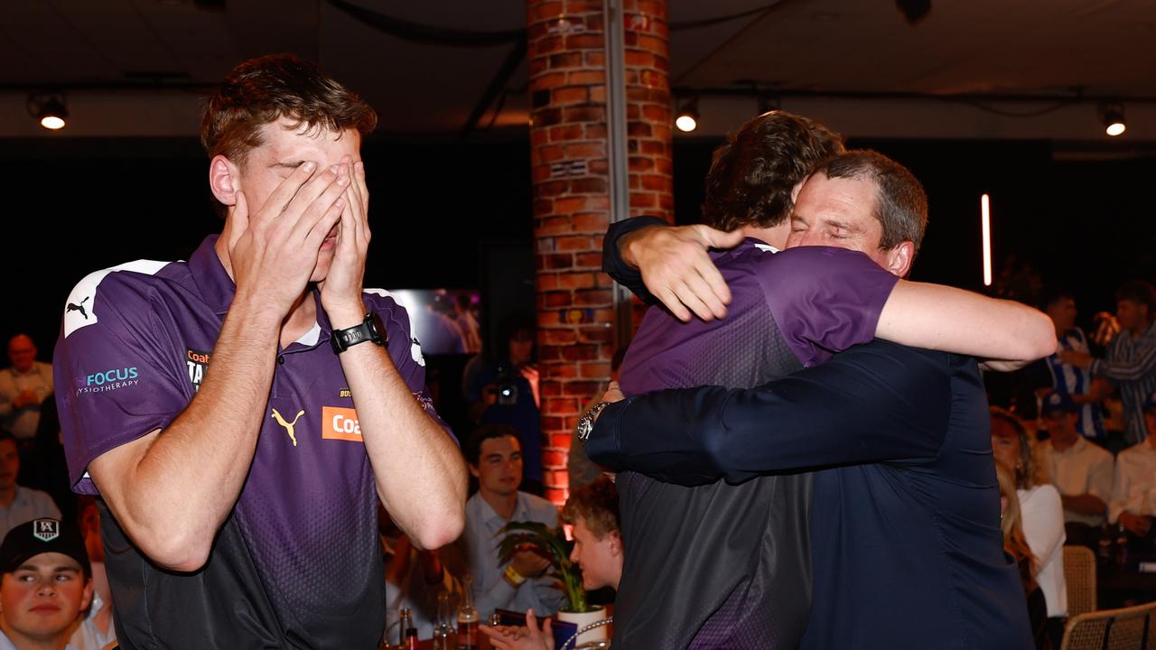 Jack was overcome with emotion as Matt embraced his dad after being selected. (Photo by Michael Willson/AFL Photos via Getty Images)