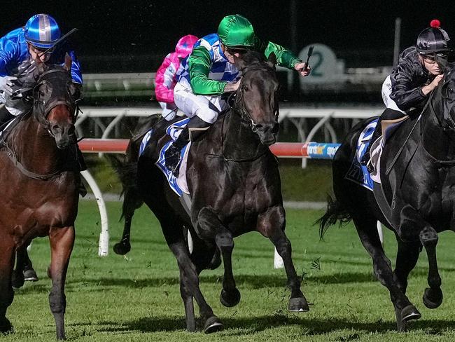 Grid Girl (NZ) ridden by Blaike McDougall wins the Joan Watson BM64 Handicap at Sportsbet Pakenham on April 04, 2024 in Pakenham, Australia. (Photo by George Sal/Racing Photos via Getty Images)