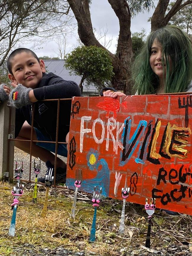 Mr Mays grandchildren with their Forkville creation. Picture: Trevor Mays