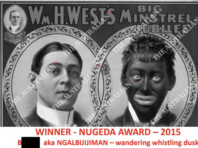 A NT Police TRG award issued in 2015, set to the background of William H. West’s Big Minstrel Jubilee, featuring a caricature of what appears to be a person wearing blackface. Picture - Supplied