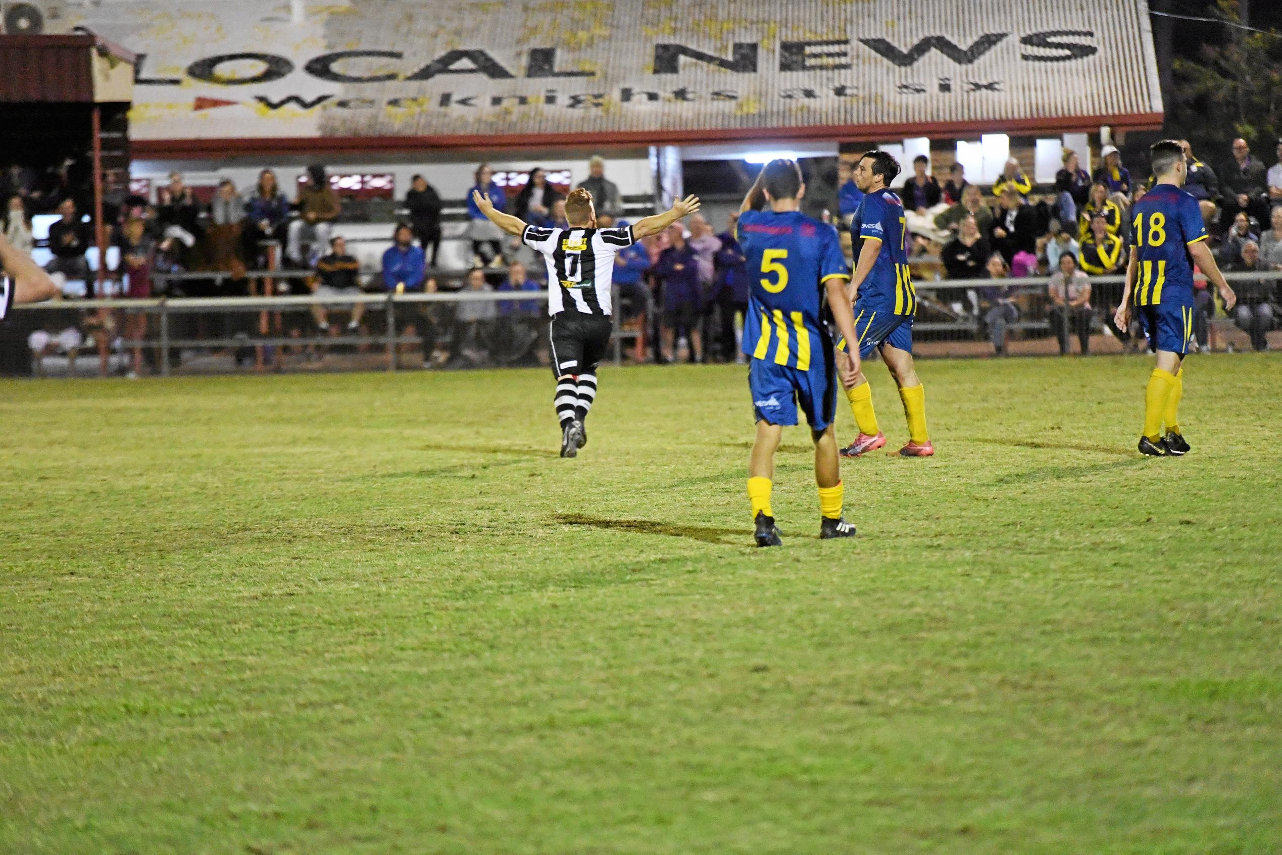 Bingera's Shaun Sergiacomi celebrates scoring a goal in extra time. Picture: Shane Jones