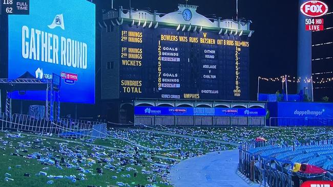 Fox Footy coverage showed piles of rubbish left scattered on Adelaide Oval's iconic Hill.