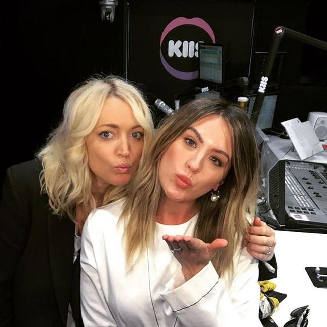 Jackie O and Jesinta Campbell pucker up on set of KIIS 1065. Picture: Instagram