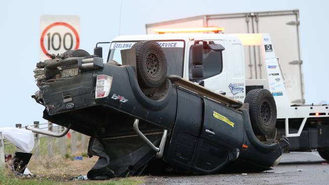 Two-car collision near the Princess Freeway off ramp at Little River. Picture: Alan Barber