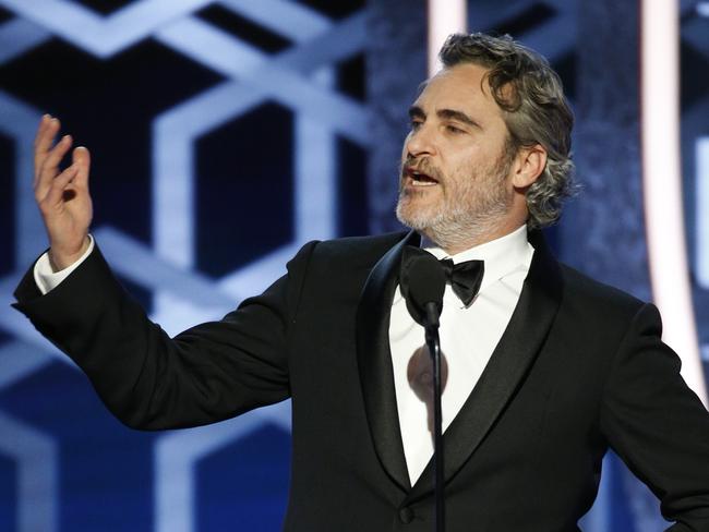 Joaquin Phoenix accepts the Golden Globe award for Best Performance By An Actor in A Motion Picture: Drama for Joker. Picture: Getty Images