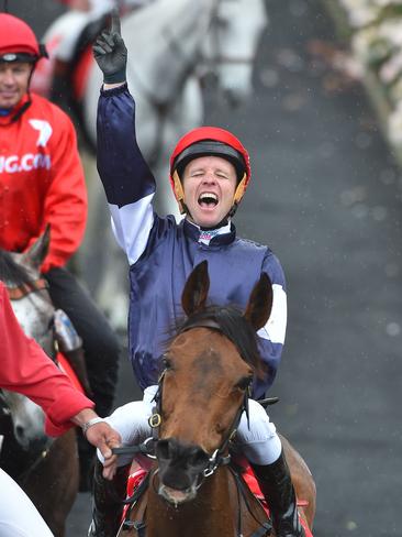 Kerrin McEvoy reacts after winning the Melbourne Cup.