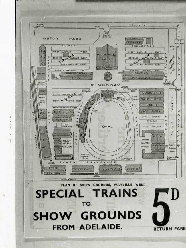 Royal Adelaide Show, 1935. Map of the new showground and details of special trains.