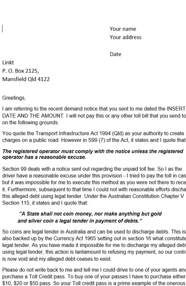 An excerpt of one of Neil Skilbeck’s letters to Linkt explaining why he should not pay the tolls and additional fees.