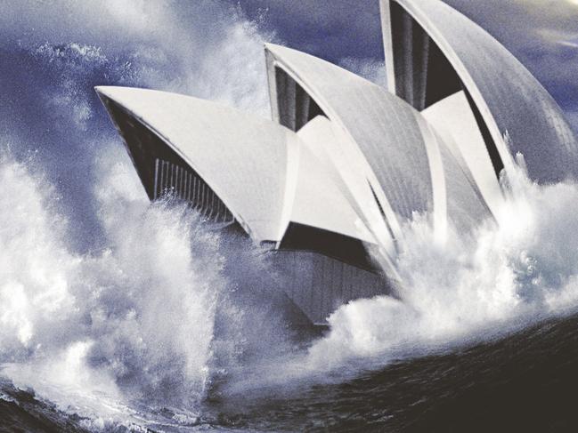 Computer generated image of how Sydney would look if a flood similar to the one in the 2004 film The Day After Tomorrow hit the State of NSW. opera house floods tidal wave