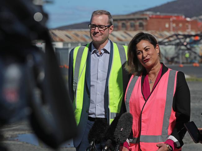 PROGRESS: State Growth Minister Michael Ferguson at Macquarie Point with Macquarie Point Development Corporation CEO Mary Massina. Picture: Luke Bowden