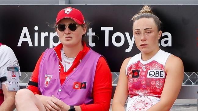 Sydney midfielder Paige Sheppard was concussed in a heavy tackle from Britney Gutknecht in the Swans’ win over the Western Bulldogs on Saturday. Picture: Dylan Burns / Getty Images