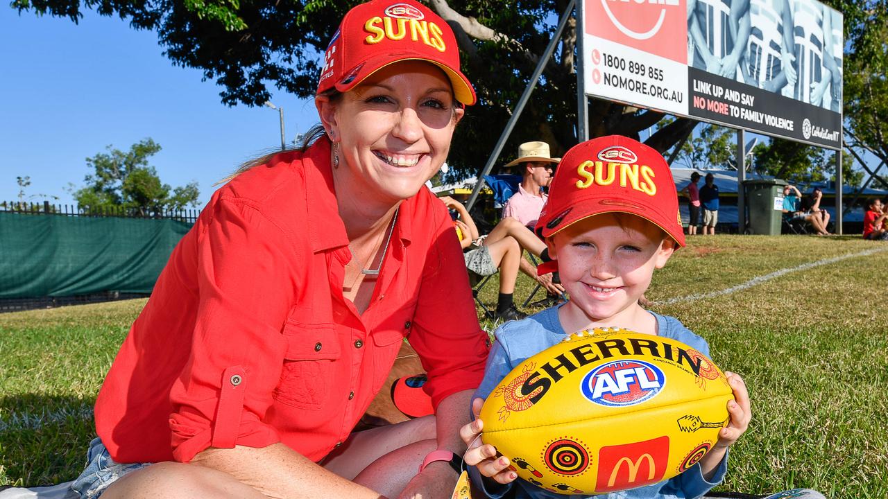 Rebecca Hargrave and Brodie Hargrave at the Gold Coast Suns match vs Western Bulldogs at TIO Stadium. Pic: Pema Tamang Pakhrin