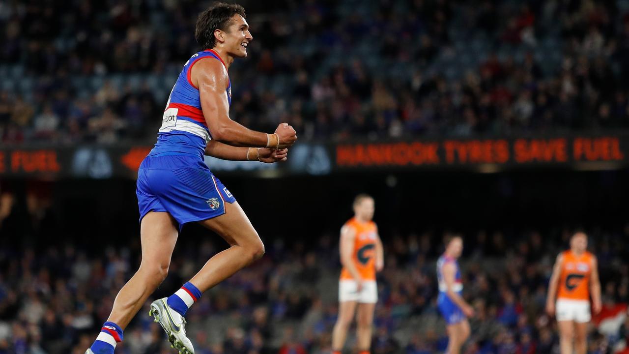 Jamarra Ugle-Hagan celebrates the only goal of the final term against the Giants. Picture: Dylan Burns/AFL Photos