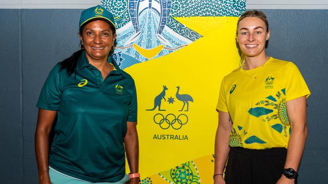 Nova Peris and Mariah Williams as Olympians and scholarship coaches run training sessions for Katherine youth at RAAF Base Tindal. Picture: Pema Tamang Pakhrin