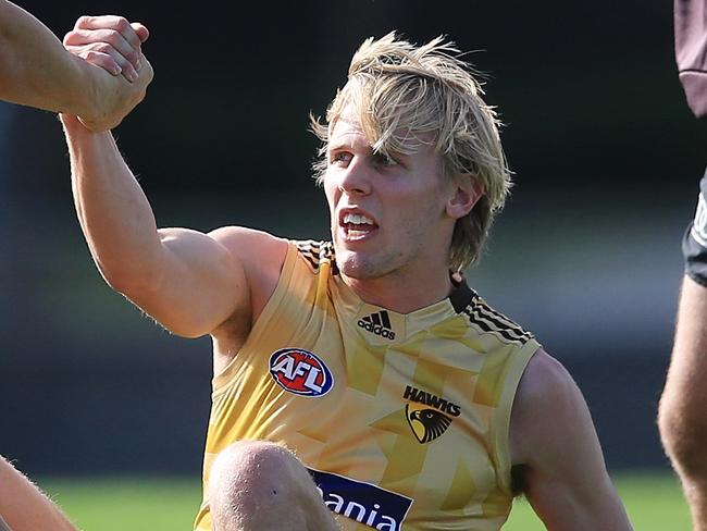 Hawthorn training at Waverley Park Jordan Lewis lifts Will Langford up Picture:Wayne Ludbey