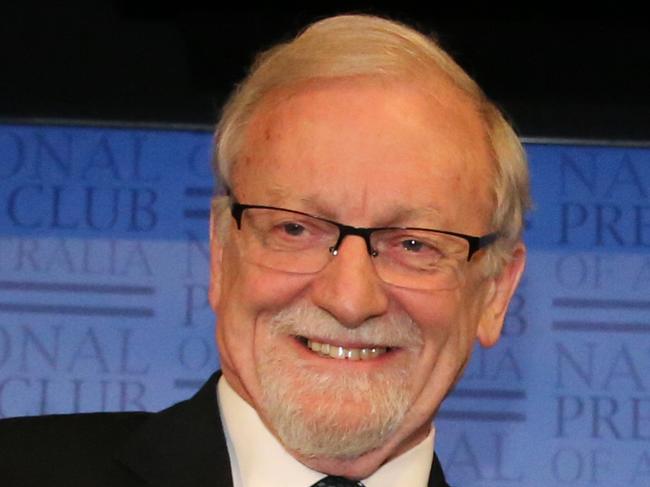 Prof. Hugh White, Professor of Strategic Studies ANU, right, and Chancellor of ANU and former foreign minister Gareth Evans debate the Australia/China relationship at the National Press Club in Canberra. Picture: Ray Strange.