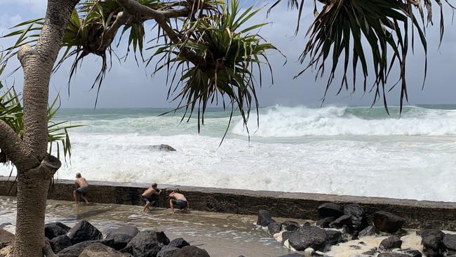 Young kids were spotted playing a dangerous game with the large surf at Froggies Beach near Snapper Rocks. Picture: Kathleen Skene