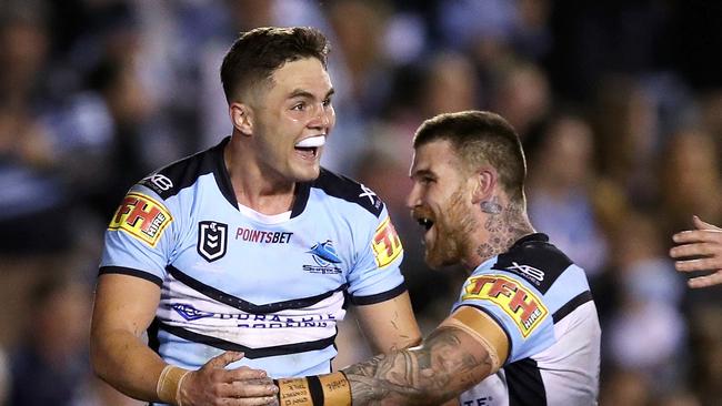 Cronulla's Kyle Flanagan celebrates scoring a try during NRL match Cronulla Sharks v Parramatta Eels at Shark Park. Picture. Phil Hillyard