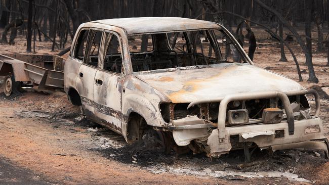 The burnt out car and trailer on Kangaroo Island. Picture: Matt Loxton