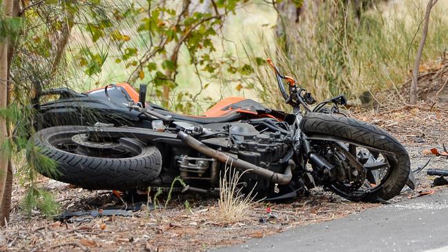 The aftermath of a serious crash where a motorcycle collided with a truck. Picture: NCA NewsWire / Brenton Edwards